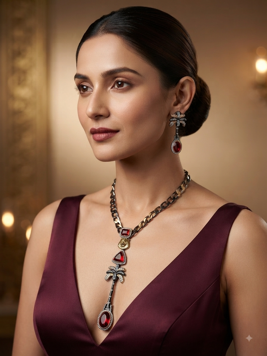 Zarini Amara Ruby Palm Statement Necklace & Earrings Set