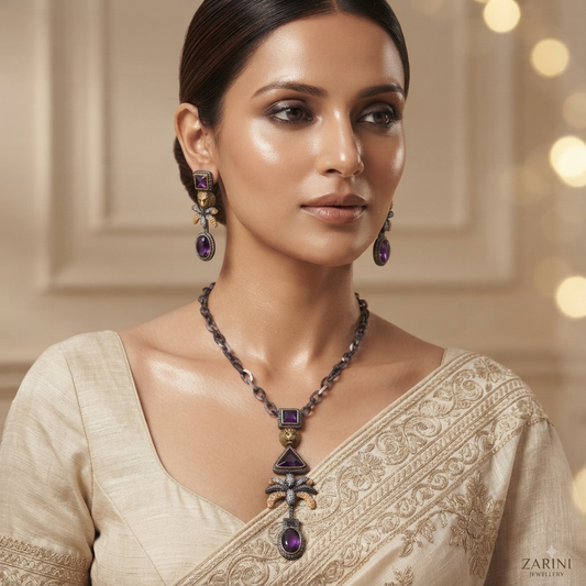 Zarini Elara Amethyst Palm Statement Necklace & Earrings Set