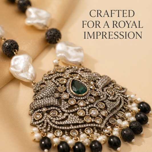 Zarini Inaya Emerald Baroque Pearl Long Necklace Set