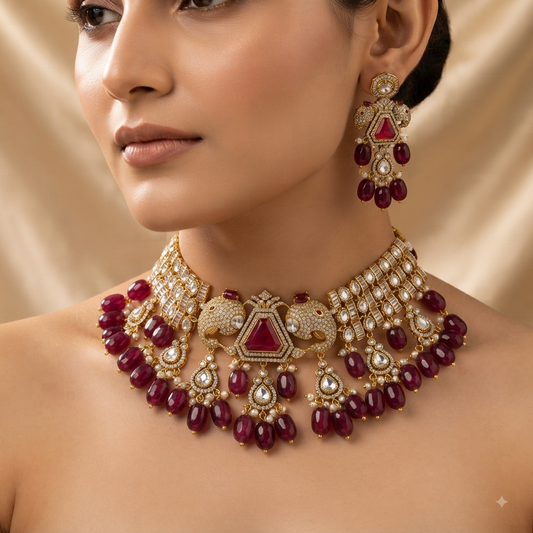 Zarini Rajsi Ruby Elephant Kundan Bridal Choker Set