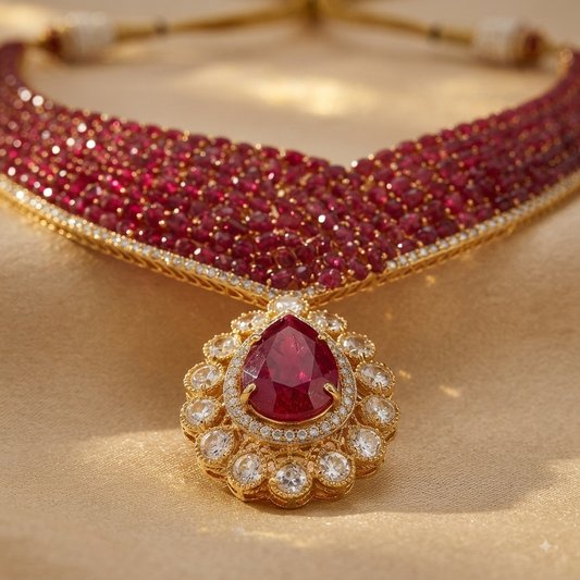 Zarini Mahira Ruby Crystal Bridal Necklace Set