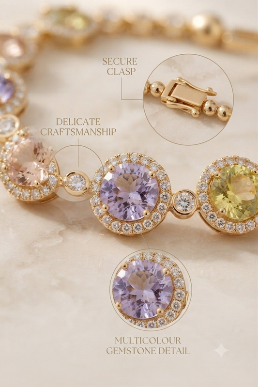Multicolor Crystal Bracelet for Women | Golden Rainbow Gemstone &amp; Zircon Link Bracelet