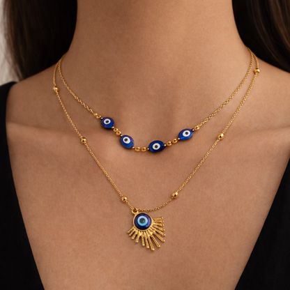 Zarini’s Gold-Toned Layered Evil Eye Necklace with Multiple Blue Beads