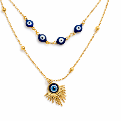 Zarini’s Gold-Toned Layered Evil Eye Necklace with Multiple Blue Beads
