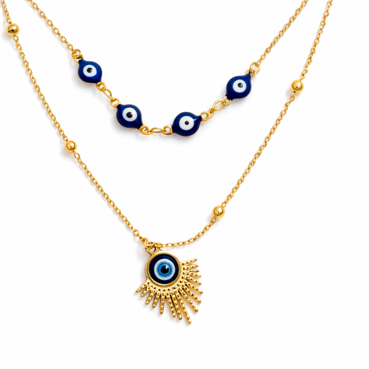 Zarini’s Gold-Toned Layered Evil Eye Necklace with Multiple Blue Beads