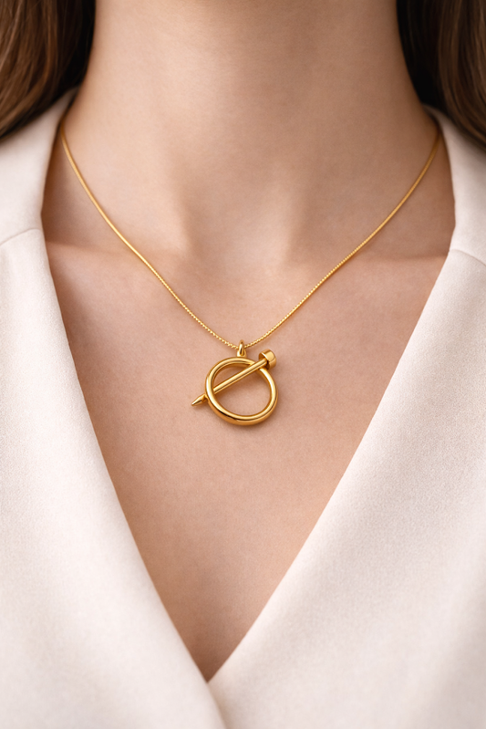 Zarinis Stylish Gold Plated Nail Inspired Pendant Necklace Close Up Pendant Detail