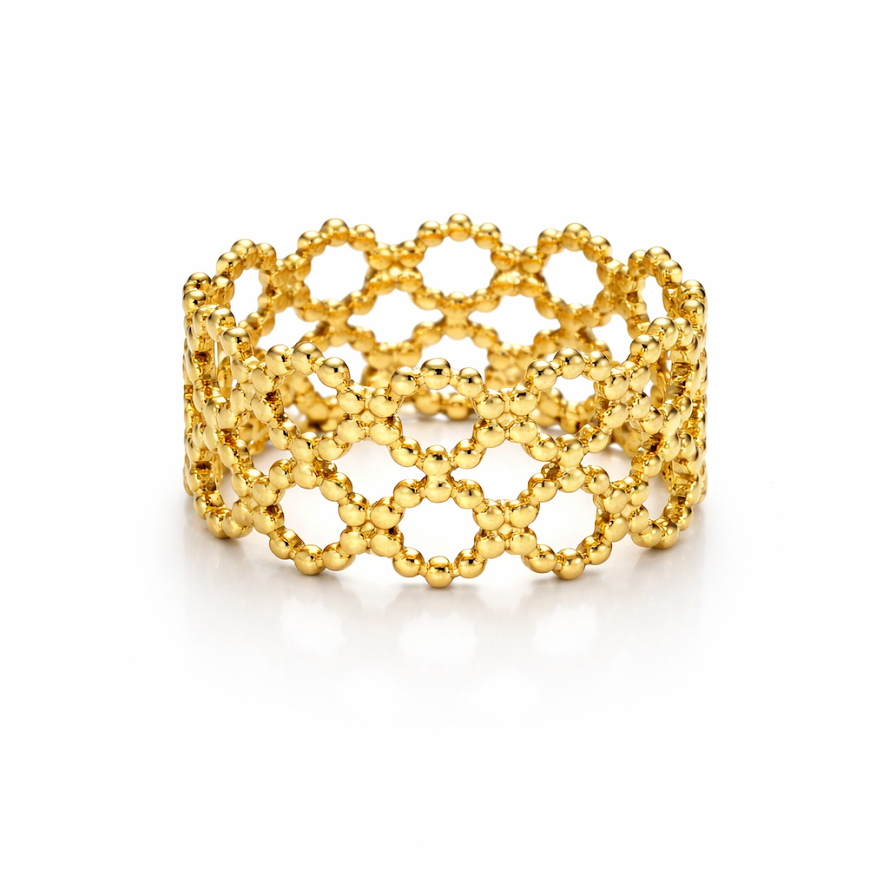 Zarini Gold-Plated Stainless Steel Honeycomb Pattern Adjustable Wide Band Ring (Anti-Tarnish)