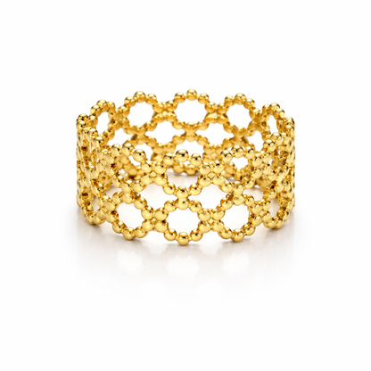 Zarini Gold-Plated Stainless Steel Honeycomb Pattern Adjustable Wide Band Ring (Anti-Tarnish)