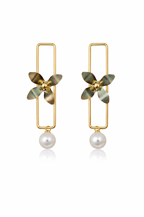 Zarini’s Gold-Plated Pinwheel Drop Earrings with Pearl Dangle