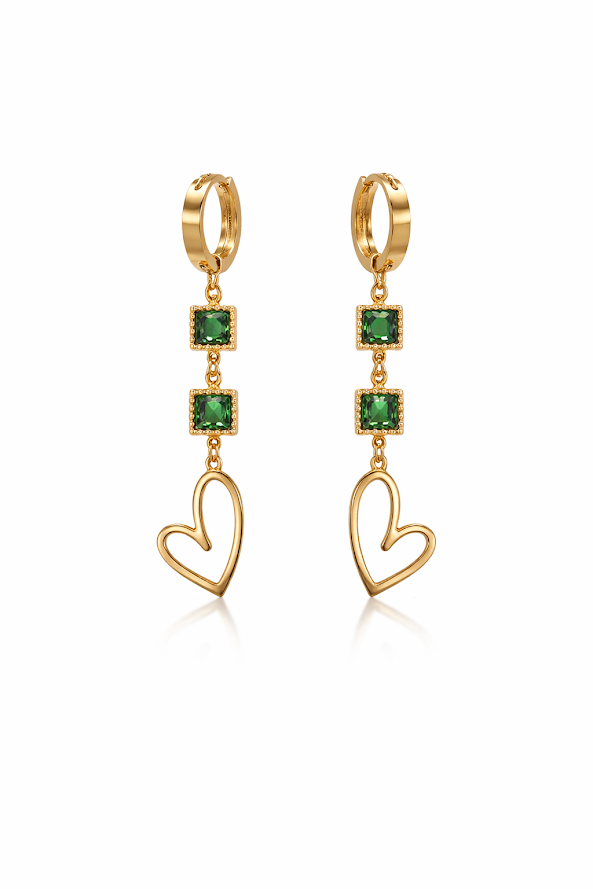 Zarini’s Emerald Green Heart Drop Hoop Earrings