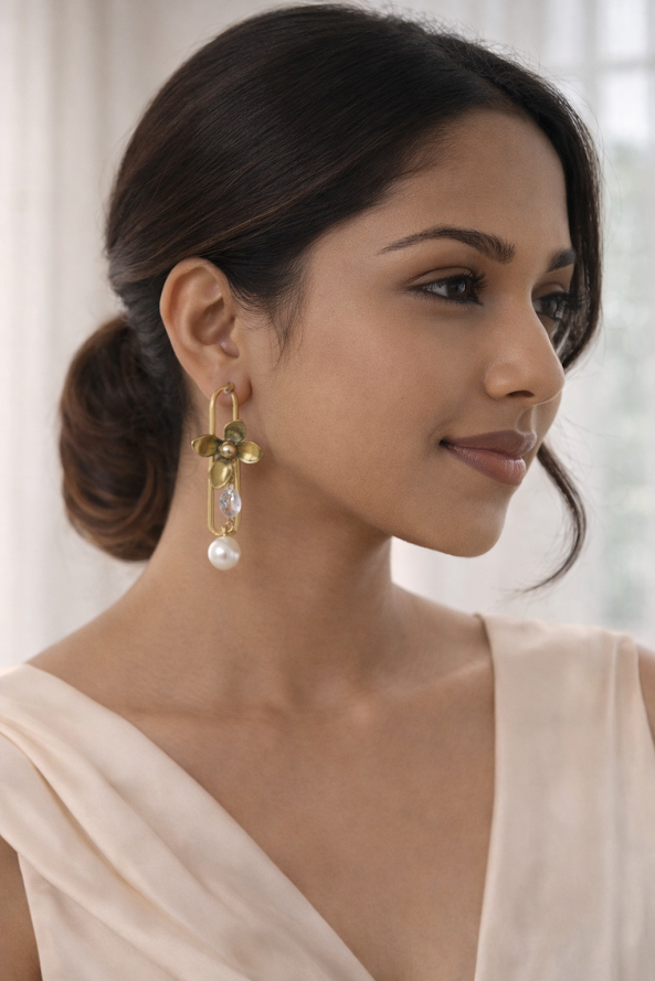 Zarini’s Gold Plated Floral Dangle Earrings with Pearl & Crystal Accents