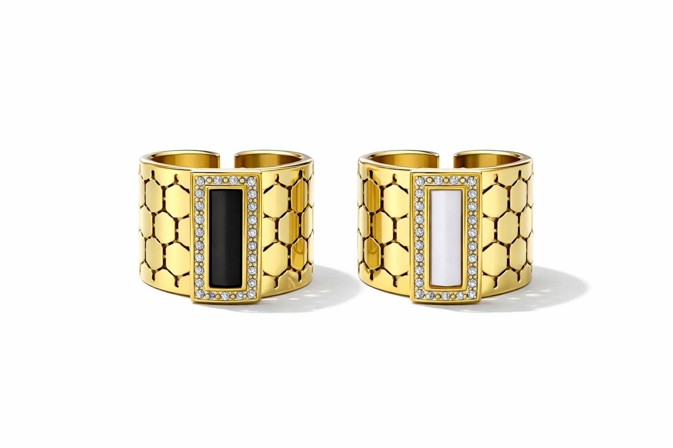 zarini’s gold plated stainless-steel honeycomb geometric ring