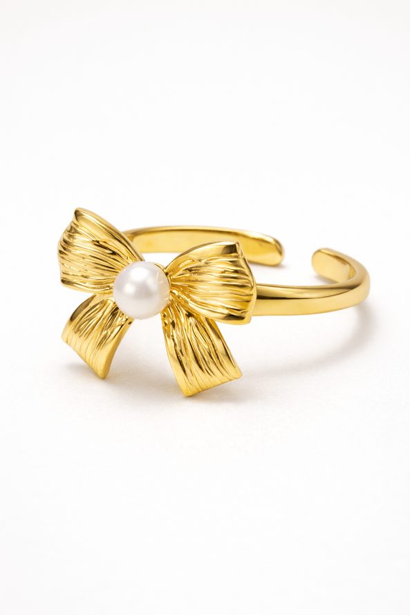 Zarini Gold-Plated Bow Ring – Anti-Tarnish Design with Central Faux Pearl