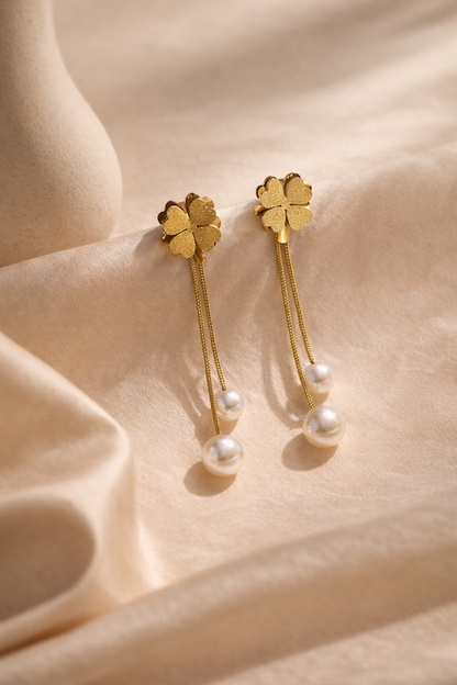Zarini’s Spade Flower Pearl Chain Linear Earrings