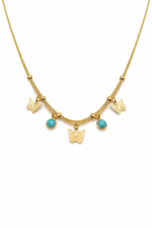 Zarini’s Gold Plated Butterfly & Blue Bead Charm Pendant Necklace