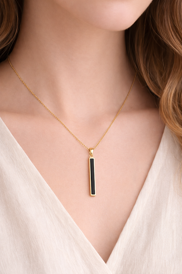 Zarini’s Gold Plated Vertical Bar Pendant Necklace – Minimal Sleek Black Enamel Design