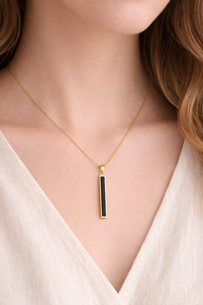 Zarini’s Gold Plated Vertical Bar Pendant Necklace – Minimal Sleek Black Enamel Design