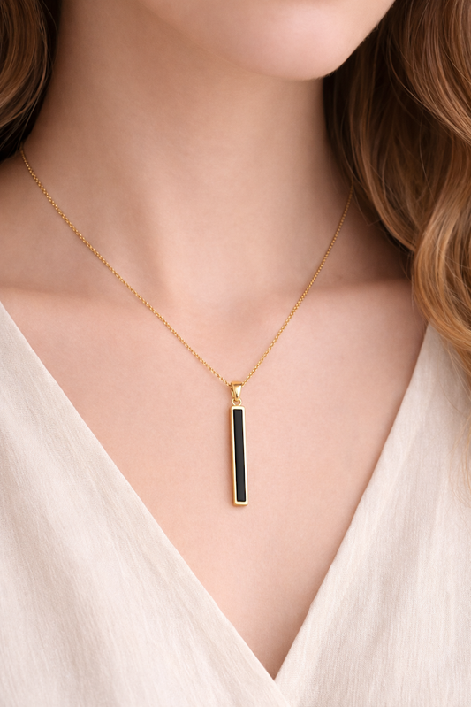 Zarini’s Gold Plated Vertical Bar Pendant Necklace – Minimal Sleek Black Enamel Design