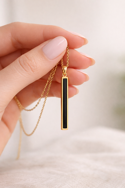 Zarini’s Gold Plated Vertical Bar Pendant Necklace – Minimal Sleek Black Enamel Design