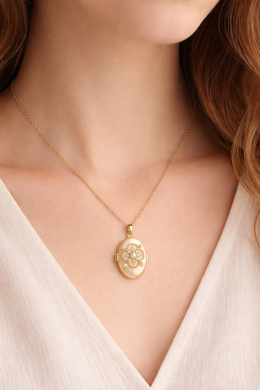 Zarini’s Vintage-Style Pearl Flower Locket Pendant