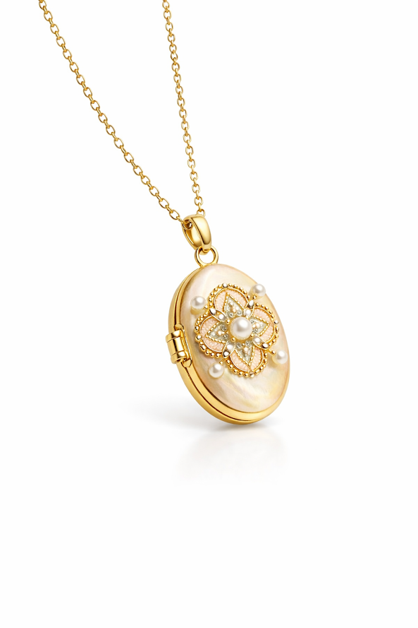 Zarini’s Vintage-Style Pearl Flower Locket Pendant