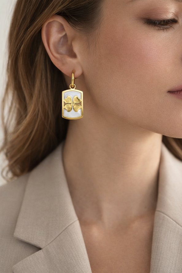 Zarini’s Gold Plated Square Dangle Four-Leaf Clover Clip-On Screw Back Earrings