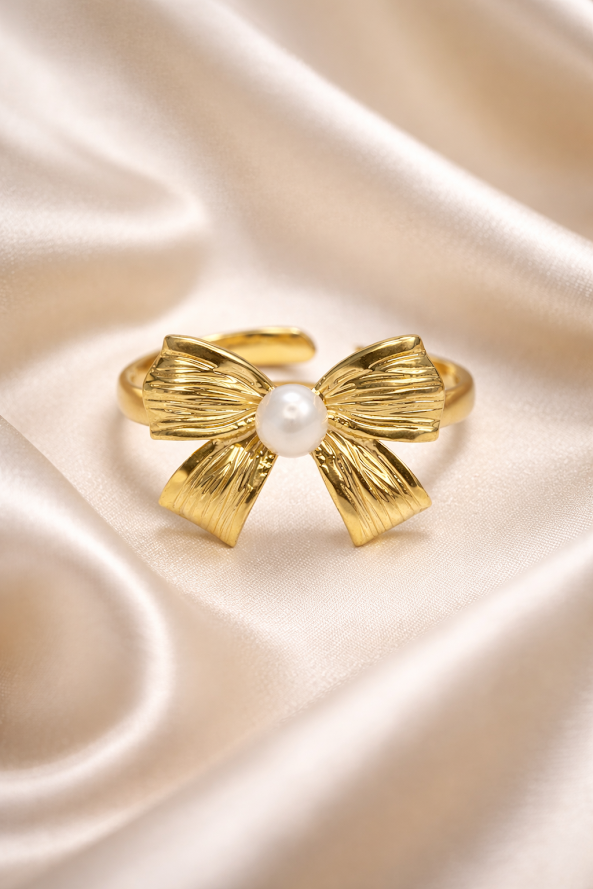 Zarini Gold-Plated Bow Ring – Anti-Tarnish Design with Central Faux Pearl