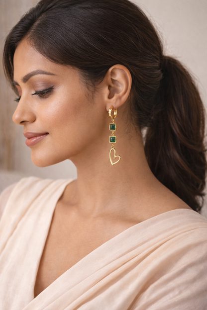 Zarini’s Emerald Green Heart Drop Hoop Earrings