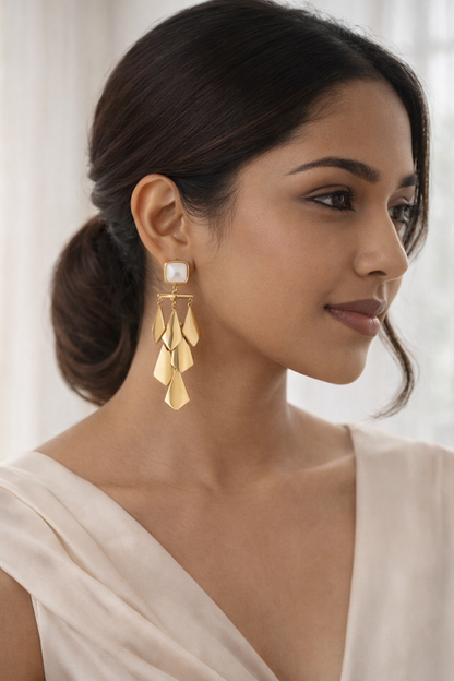 Zarini’s Gold-Toned Dangle Earrings with Pearl Stud & Geometric Shells