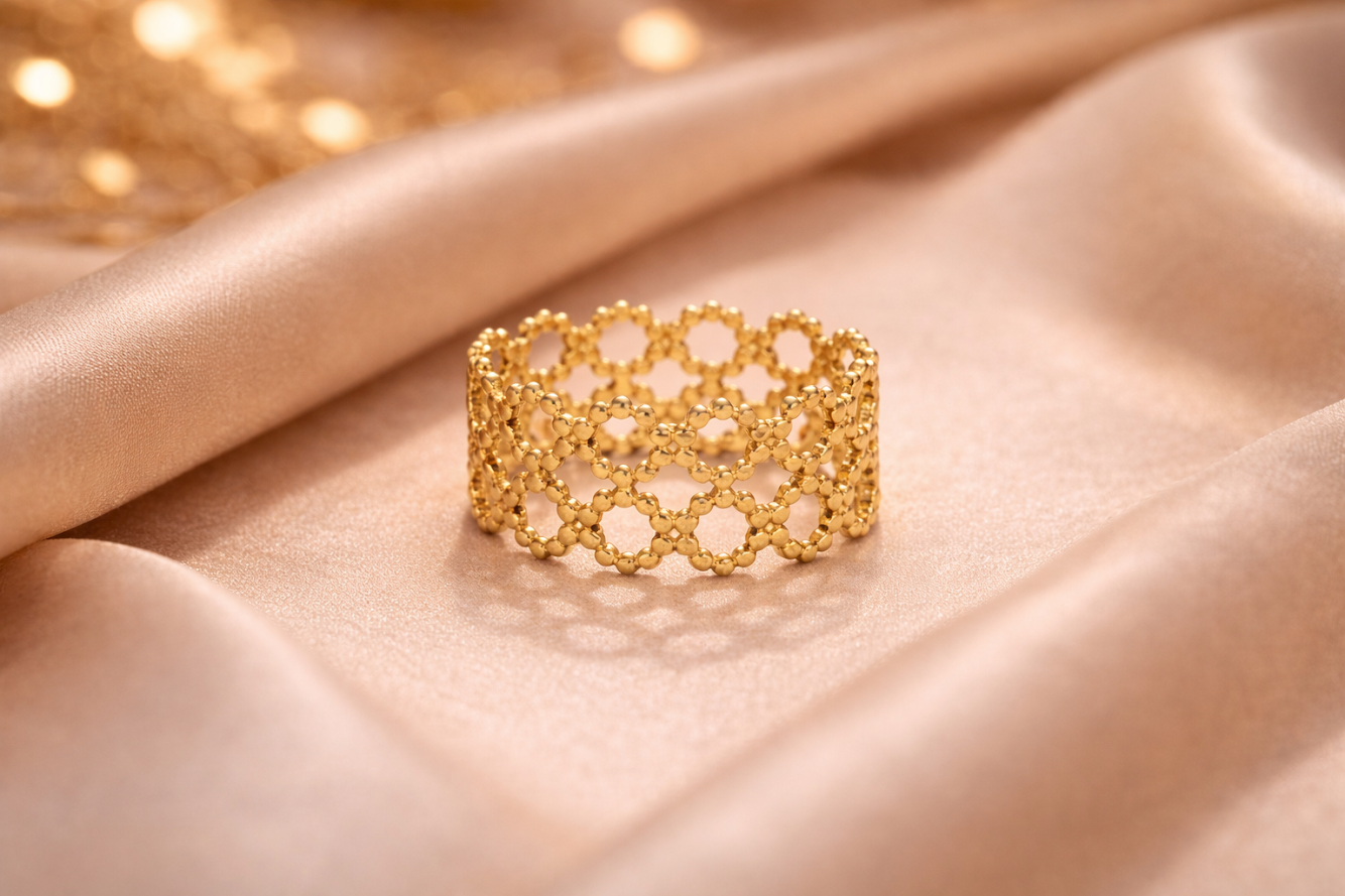Zarini Gold-Plated Stainless Steel Honeycomb Pattern Adjustable Wide Band Ring (Anti-Tarnish)