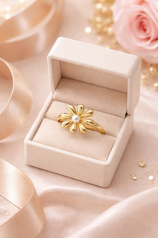 Zarini Gold Toned Flower Ring Anti Tarnish Floral Design With Central Faux Pearl Highlighting Pearl Center Detail