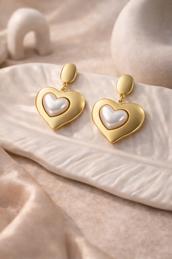 Zarini’s Gold Plated Heart-Shaped Pearl Drop Earrings