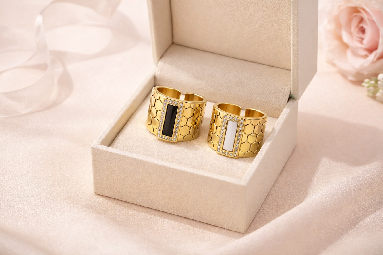 zarini’s gold plated stainless-steel honeycomb geometric ring