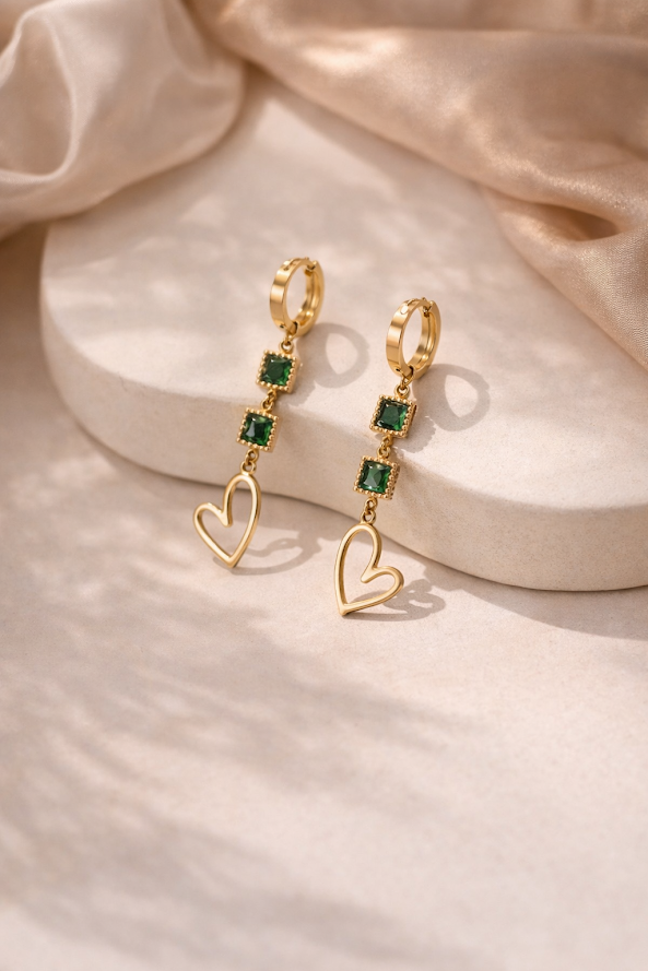 Zarini’s Emerald Green Heart Drop Hoop Earrings