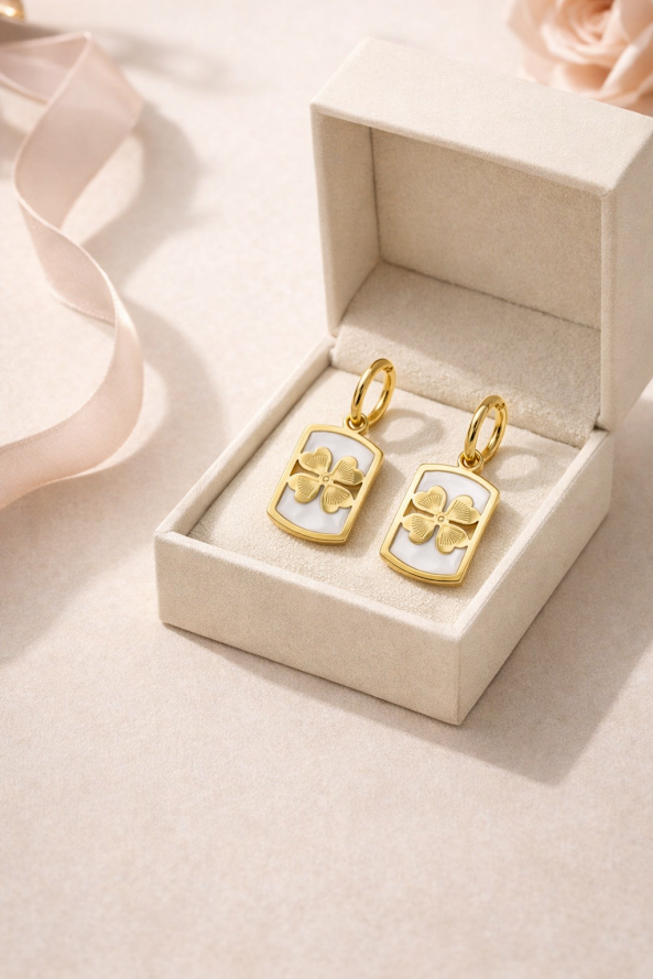 Zarini’s Gold Plated Square Dangle Four-Leaf Clover Clip-On Screw Back Earrings