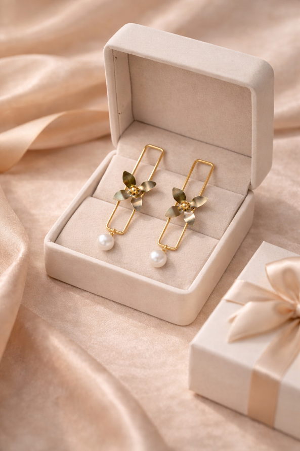 Zarini’s Gold-Plated Pinwheel Drop Earrings with Pearl Dangle