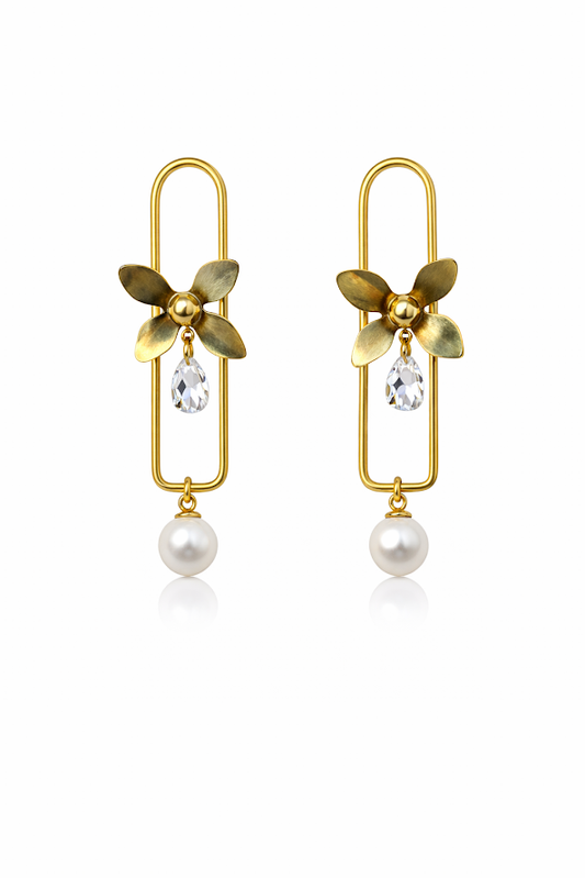 Zarini’s Gold Plated Floral Dangle Earrings with Pearl & Crystal Accents