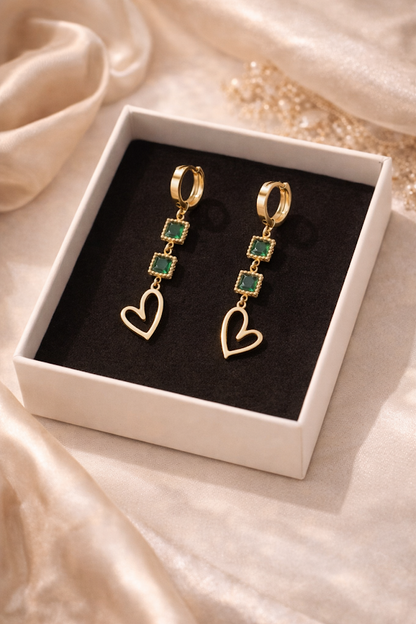 Zarini’s Emerald Green Heart Drop Hoop Earrings