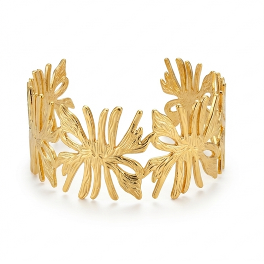 Zarini Gold-Toned Sunburst Leaf Cuff Bracelet – Stainless Steel Anti-Tarnish Design