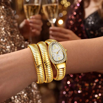 Zarini Luxe Crystal Gold Wrap Bracelet Watch for Women | Ivory Pearl Oval Dial Designer Timepiece