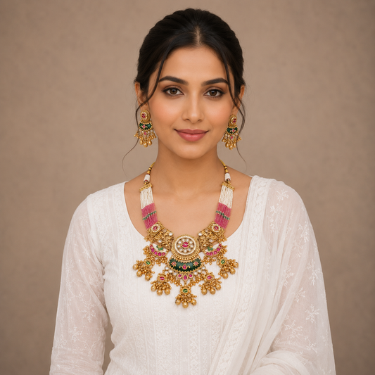 Woman wearing traditional jewelry with a plain background