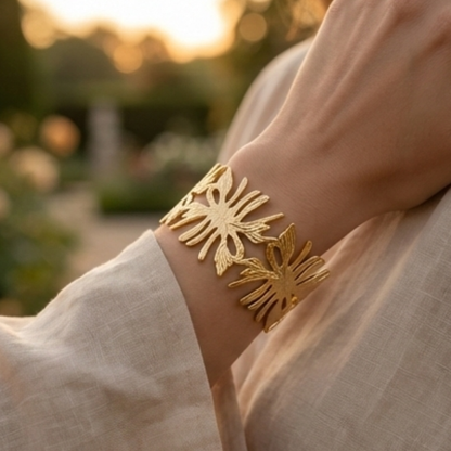 Zarini Gold-Toned Sunburst Leaf Cuff Bracelet – Stainless Steel Anti-Tarnish Design