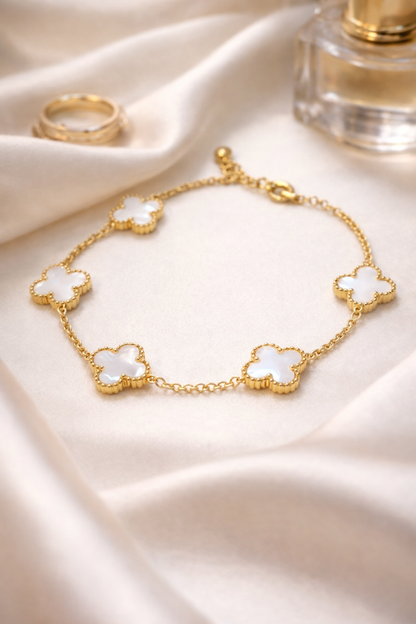 Zarini White Clover Bracelet – Gold Plated Anti-Tarnish Mother-of-Pearl Finish