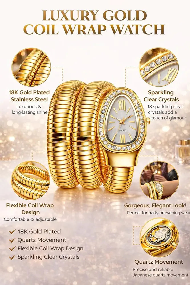 Zarini Luxe Crystal Gold Wrap Bracelet Watch for Women | Ivory Pearl Oval Dial Designer Timepiece
