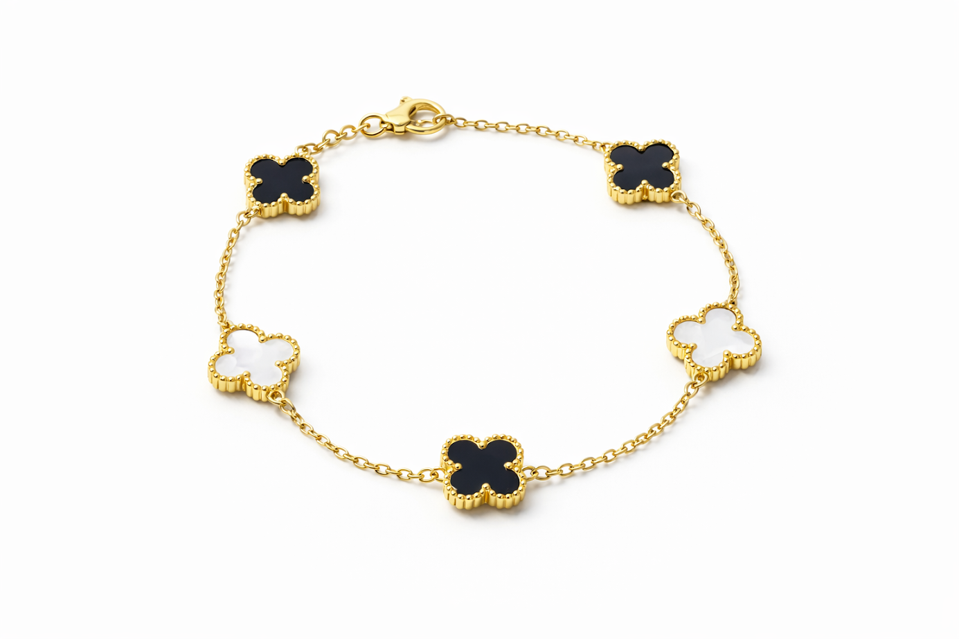 Zarini Black & White Clover Bracelet – Gold Plated Anti-Tarnish Dual-Tone Design