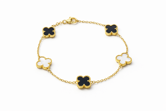 Zarini Black & White Clover Bracelet – Gold Plated Anti-Tarnish Dual-Tone Design