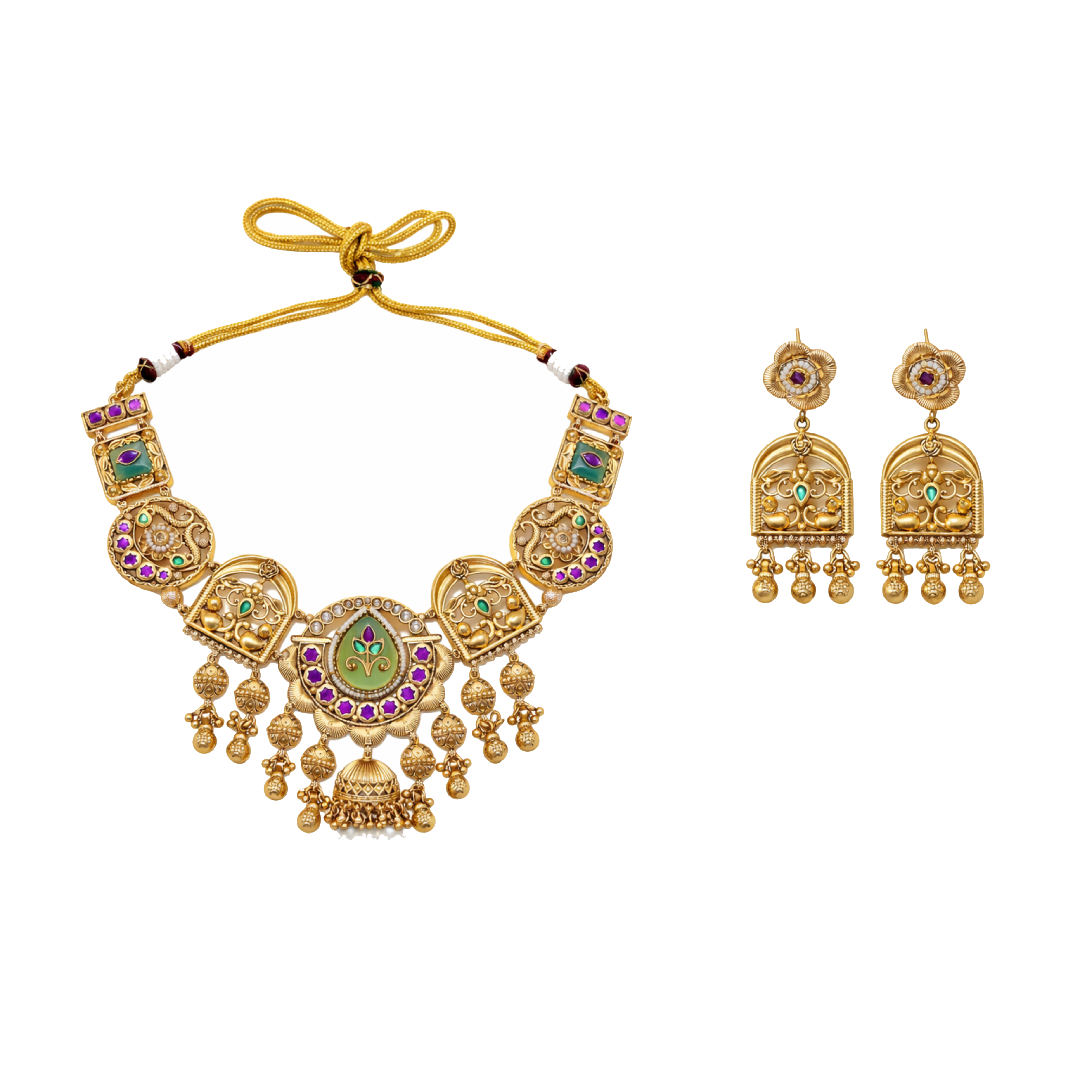 Zarinis Antique Temple Kundan Necklace Set