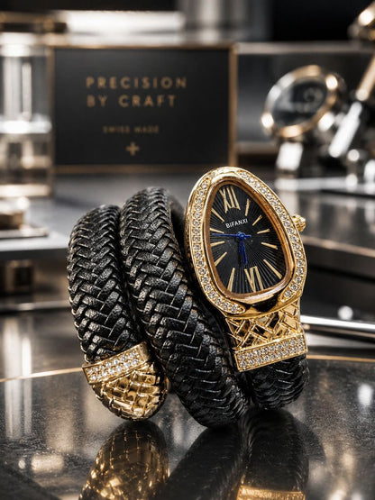 Zarini Luxe Crystal Black Woven Wrap Bracelet Watch for Women | Gold-Tone Designer Oval Dial