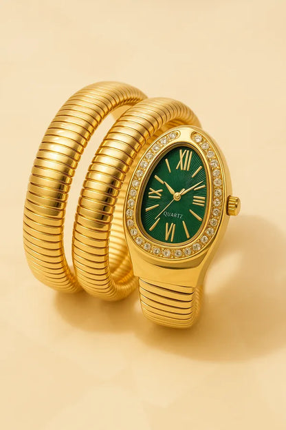 Zarini Luxe Crystal Gold Wrap Bracelet Watch for Women | Emerald Blue Oval Dial Designer Timepiece