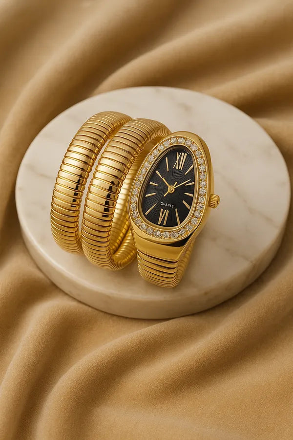 Zarini Luxury Gold-Tone Snake Wrap Bracelet Watch for Women | Crystal-Studded Dial | Free Size